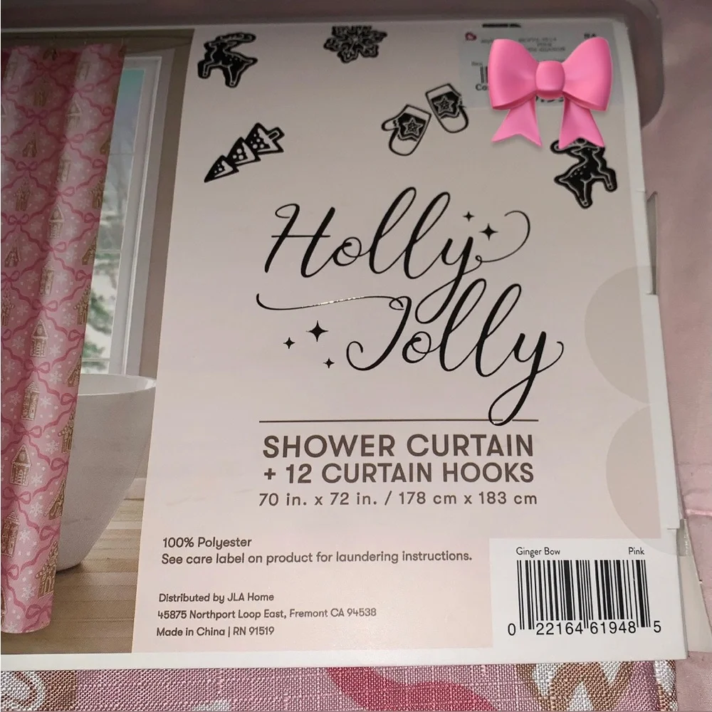 NEW Holly Jolly Pink Coquette Gingerbread Shower Curtain & Hooks NWT